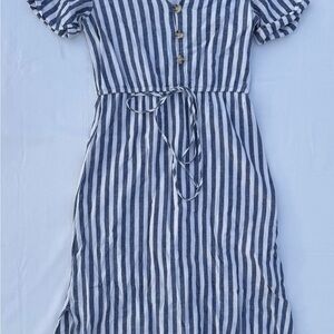 Everly Blue White Striped Linen Dress Womens Small Button Front Tie Waist